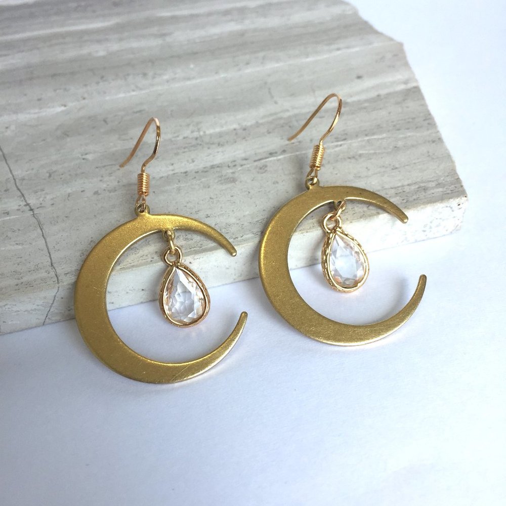 Crescent Moon & Crystal drop — Gold Earrings